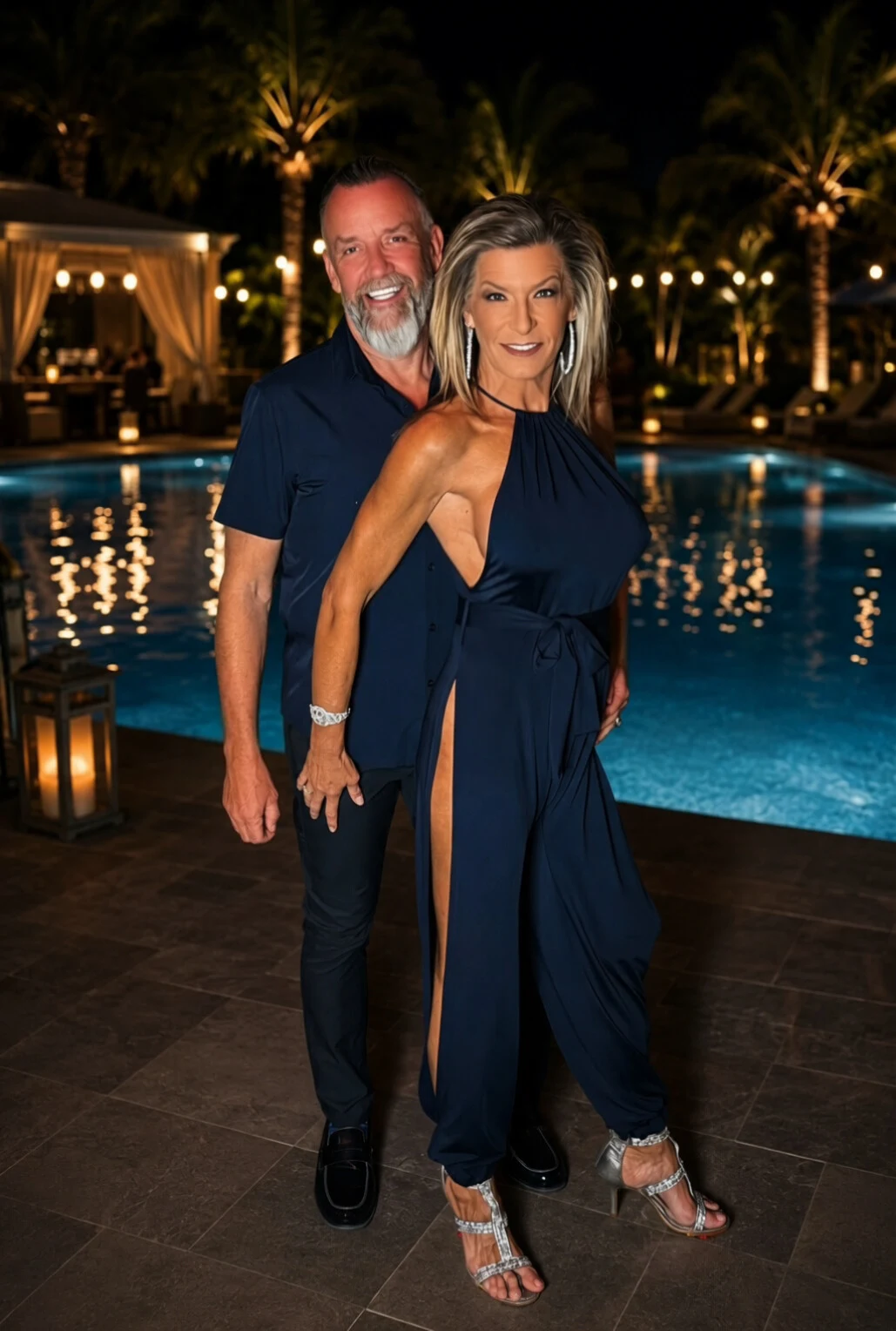 Craig and Kellie dressed in navy, standing together beside an illuminated pool at night